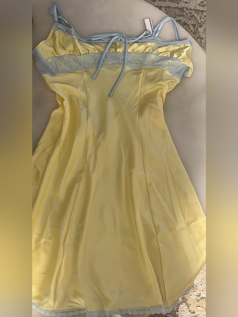 Frankie's Bikinis Yellow Satin Mini Slip Dress with Pale Blue Trim VS - Picture 8 of 8